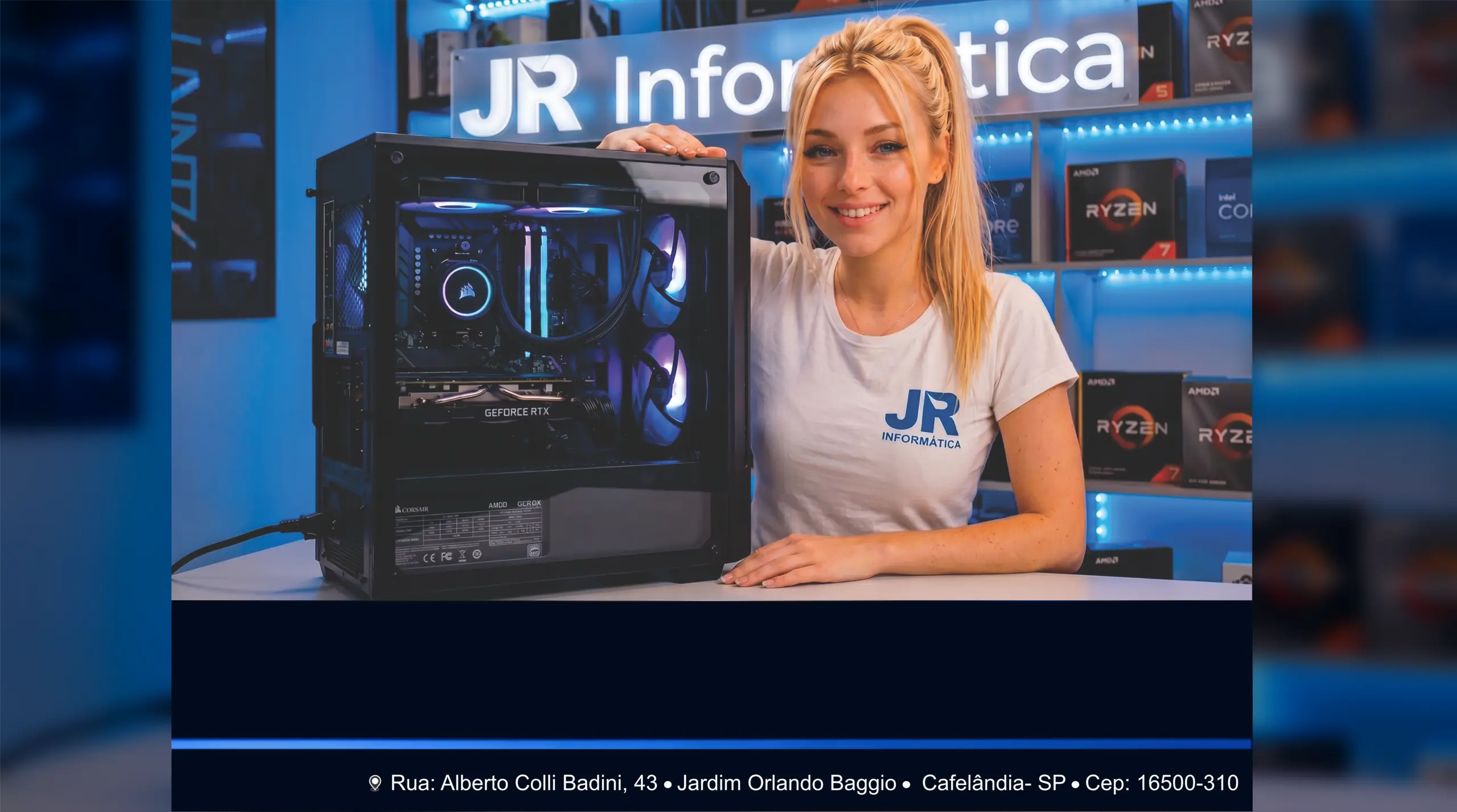 Amanda, atendente virtual da JR Informática, ao lado de um computador